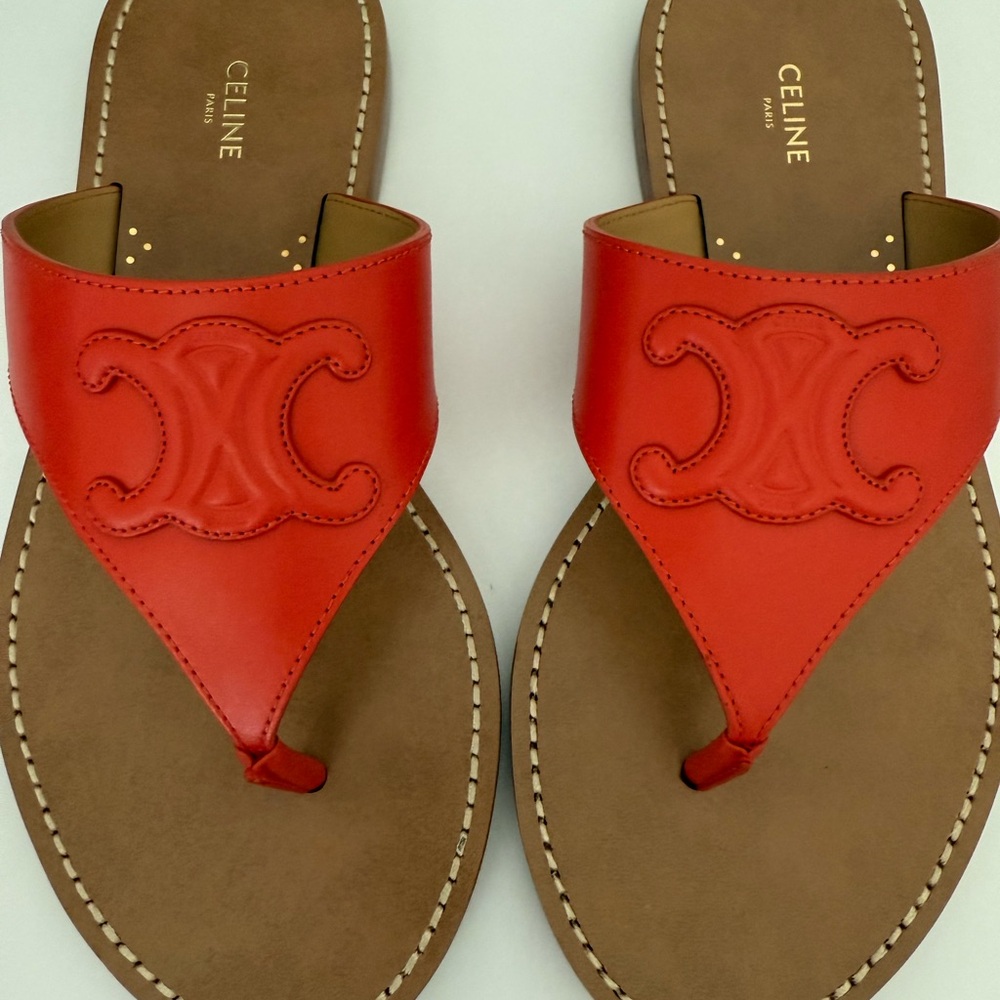 Celine Red- Orange and Brown Thong Sandals with Ornate Design